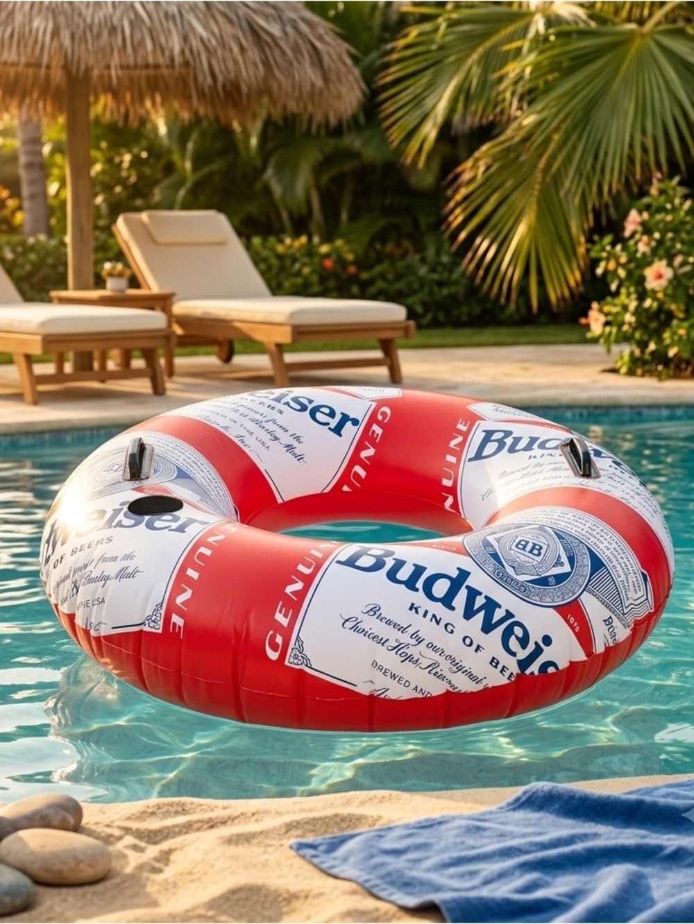 🌸 New Budweiser Inflatable Swim Tube Ring Float Built-in Handles and Cup Holder